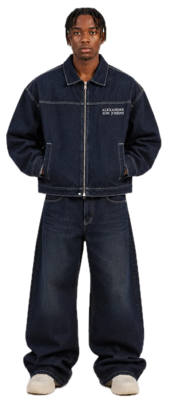 Indigo denim jacket and wide denim jean, Alexandre Son Joseph embroidered at the chest